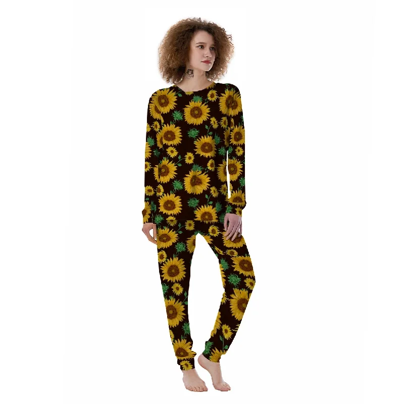 Black Sunflower Print Women's Pajamas