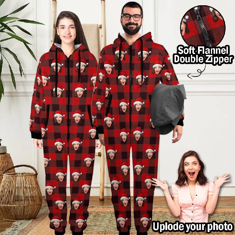 Custom Face Red Plaid Onesie Pajamas Flannel Fleece Adult Jumpsuit Homewear