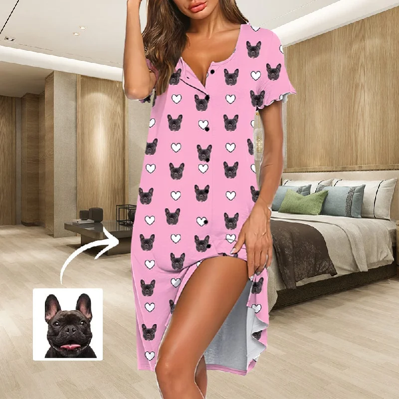 Custom Pet Face Hollow Love Heart Women's Pajama Dress - Pink