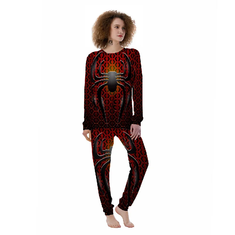 Spider Icon on Red Metal Print Women's Pajamas