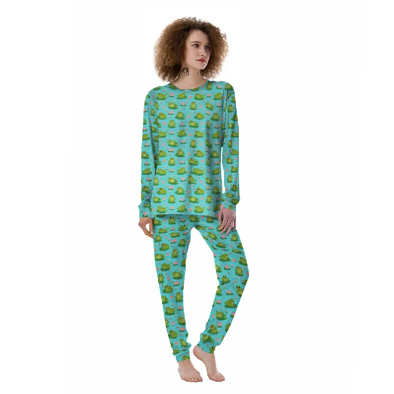 Water Lilies And Frogs Print Pattern Women's Pajamas