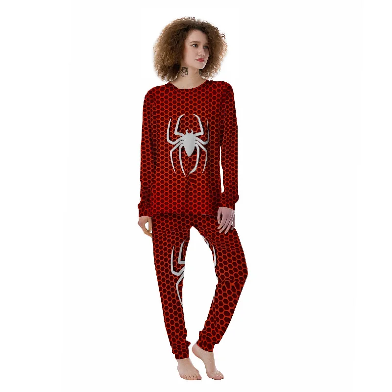 White And Red Spider Print Women's Pajamas