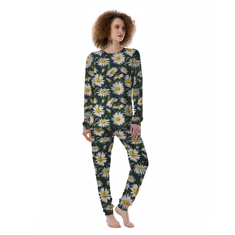 White Daisy Watercolor Print Pattern Women's Pajamas