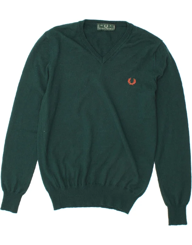 FRED PERRY Womens V-Neck Jumper Sweater UK 14 Large Green Wool