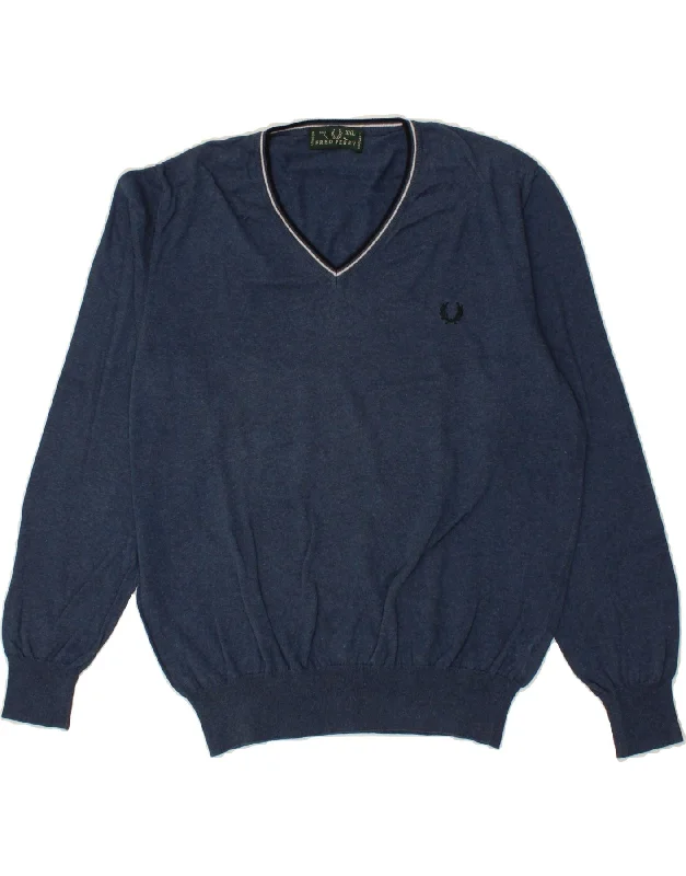 FRED PERRY Womens V-Neck Jumper Sweater UK 20 2XL Navy Blue Cotton