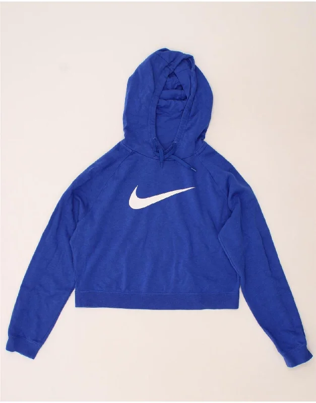 NIKE Womens Graphic Crop Hoodie Jumper UK 14 Medium Blue Cotton