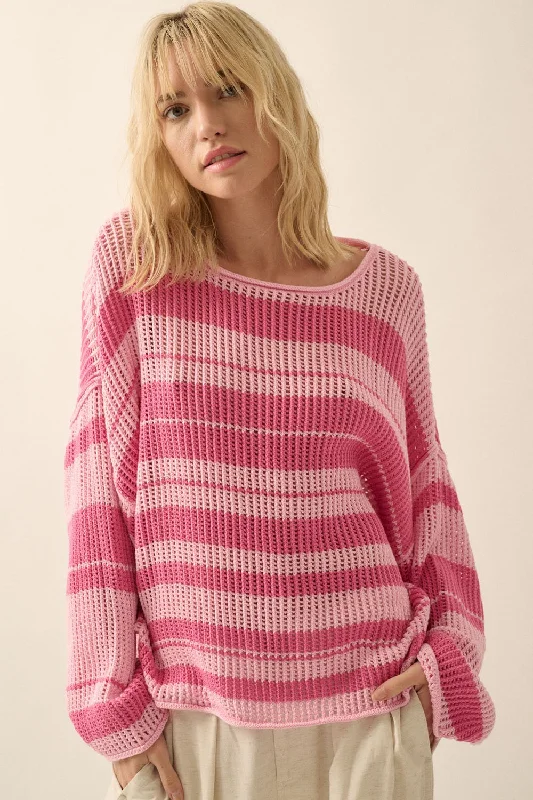 Pink Oversized Stripe Colorblock Crochet Knit Sweater