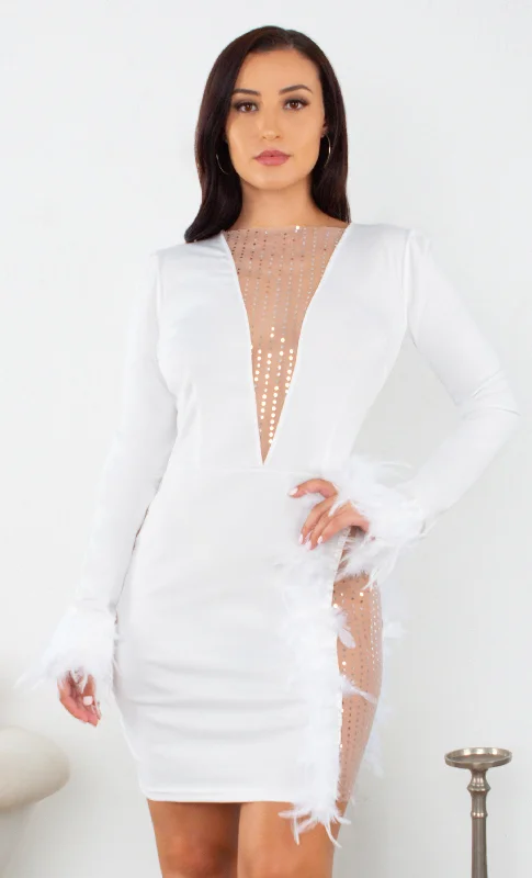 Always Beautiful White Sheer Mesh Sequin Feather Long Sleeve Plunge V Neck Cut Out Slit Bodycon Mini Dress