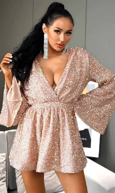 Bedroom Eyes Rose Gold Pink Champagne Sequin Long Sleeve Plunge V Neck Wrap Open Back Belted Mini Dress