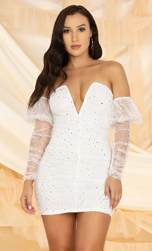 Day Of Beauty White Sheer Mesh Puff Long Sleeve Off The Shoulder V Neck Sequin Bodycon Mini Dress