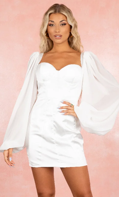 Dinner Plans White Sheer Puff Long Sleeve Satin Sweetheart Neckline Bodycon Mini Dress