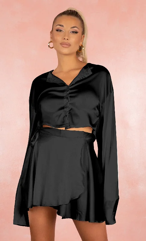 Ethereal Glow Black Satin Two Piece Button Down Crop Top Long Bell Sleeve V Neck Mini Tie Wrap Ruffle Skirt Dress Set