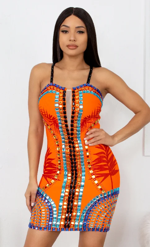 Famous Curves Orange Black Multicolor Mesh V Neck Embellished Beaded Gem Bandage Spaghetti Strap Body Con Mini Dress - Inspired by Kylie Jenner