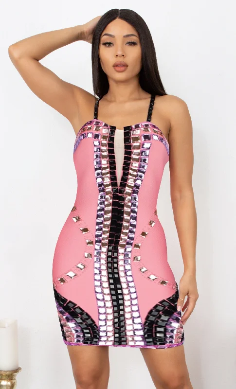 Famous Curves Pink Black Multicolor Mesh V Neck Embellished Beaded Gem Bandage Spaghetti Strap Body Con Mini Dress