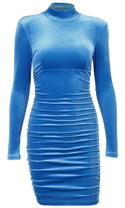 Going For Everything Blue Long Sleeve Ruched Turtleneck Shoulder Pad Bodycon Mini Dress