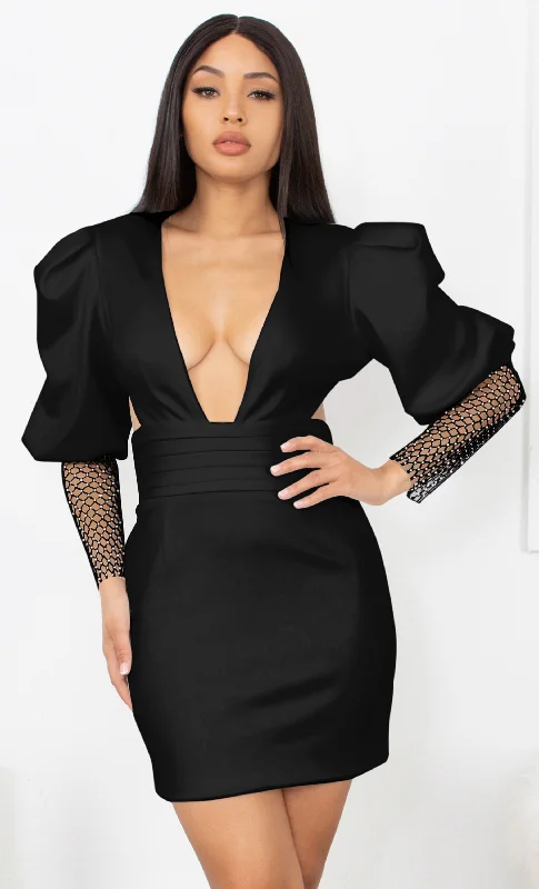 In My Suite Black Puff Long Sleeve Mesh Sheer Sleeve Deep V Neck Cut Out Backless Bodycon Mini Dress