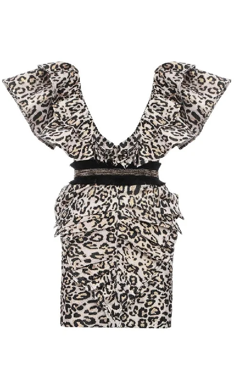 International Jet Setter Leopard Print Animal Pattern Short Sleeve Ruffle Ruched Plunge V Neck Bodycon Mini Dress