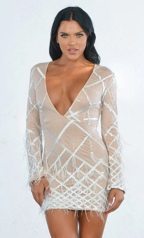 Made You Blush Geometric Pattern Sequin Feather Long Sleeve Plunge V Neck Bodycon Mini Dress