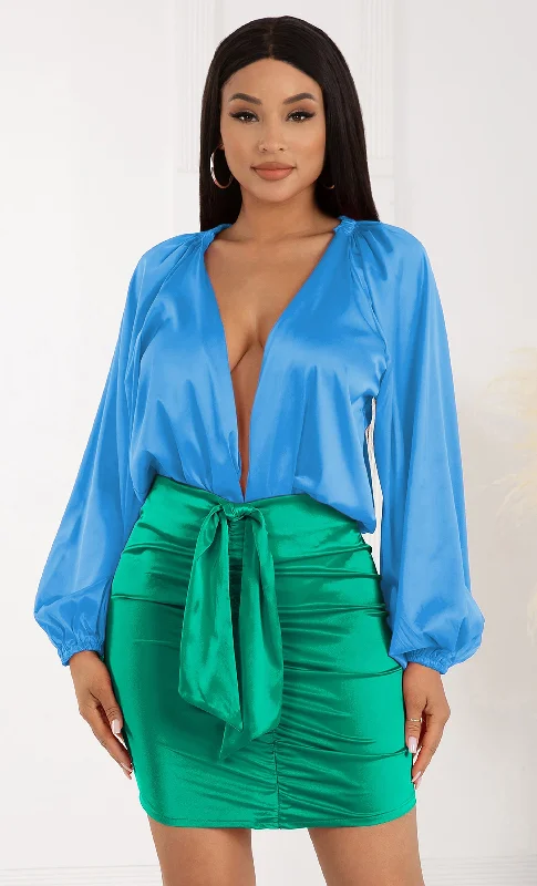 My Fantasy Blue Green Two Piece Set Long Lantern Sleeve Ruched Plunging Deep V Neck Sash Drape Bodycon Mini Dress