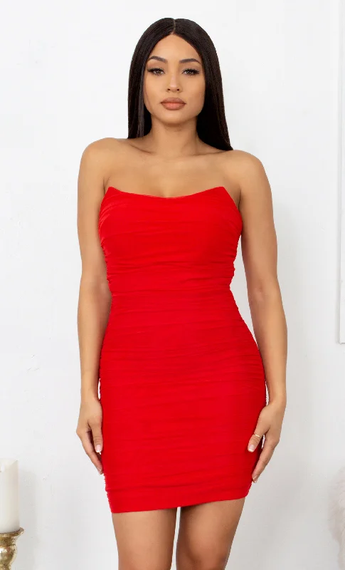 Never Giving You Up Red Bandage Strapless Mesh Draped Pointy Neck Ruched Body Con Mini Dress