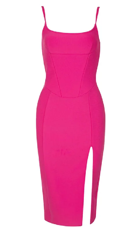 Pinkie Promise <br><span>Fuchsia Pink Sleeveless Spaghetti Strap Scoop Neck Side Slit Bandage Bodycon Mini Slip Dress</span>