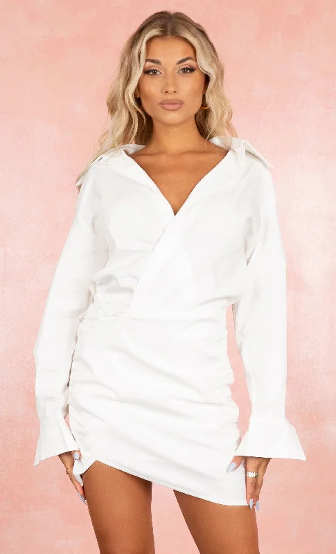 Vacation Mode White Long Sleeve Poplin Deep Plunging V Neck Collared Blouse Mini Dress