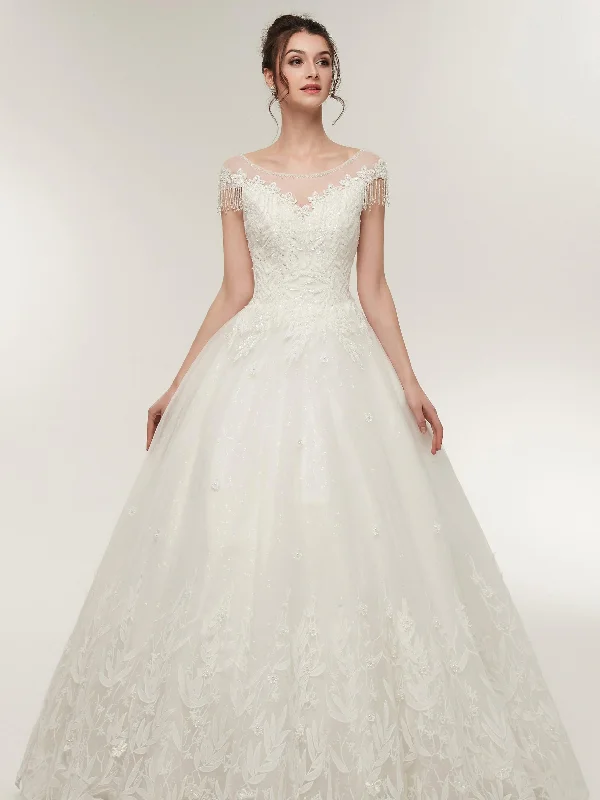 Elegant Princess White Cap Sleeve Tulle Wedding Dresses With Lace Appliques