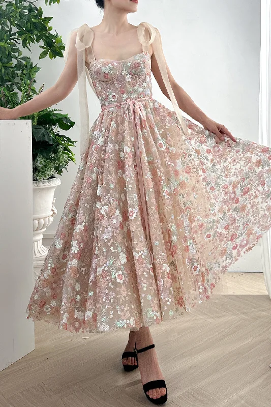 Corset Floral Sequined Pink Midi Prom Dress with Tie Straps