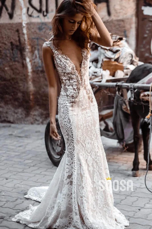 Attractive V-neck Exquisite Lace Beaded Bohemian Wedding Dress QW2428