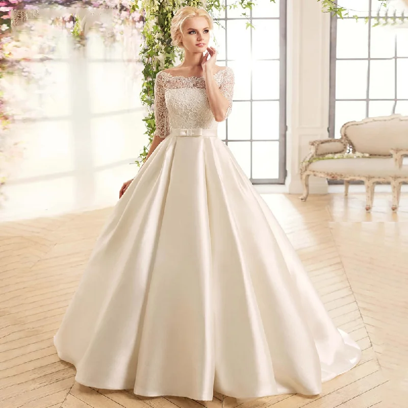 Wedding Dress A-Line Boat Neck Classic Half Sleeve