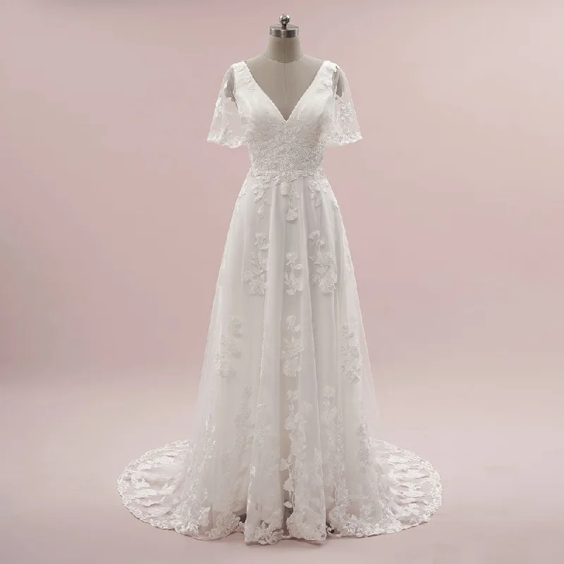 Vintage Inspired Lace A-line Wedding Dress with Short Sleeves LENORE