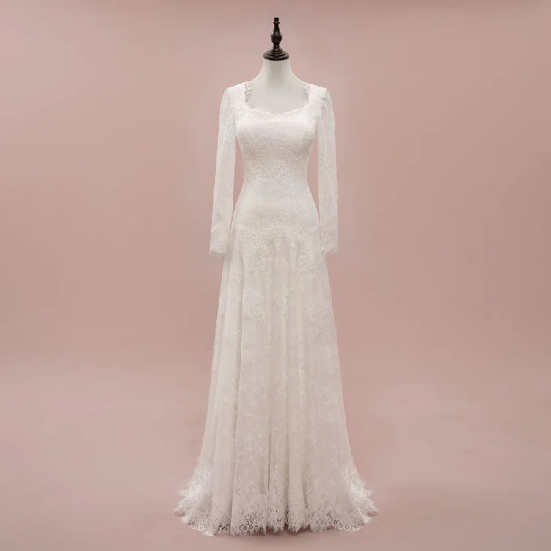 Vintage Style Modest Lace Wedding Dress with Long Sleeves | JASINIA