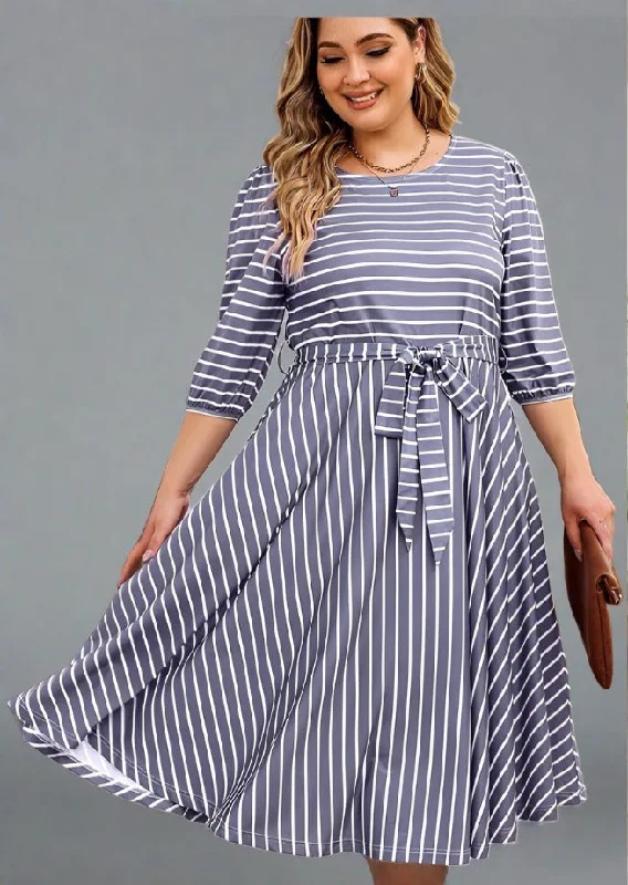 Plus Size Round Neck Striped Tie Waist Dress