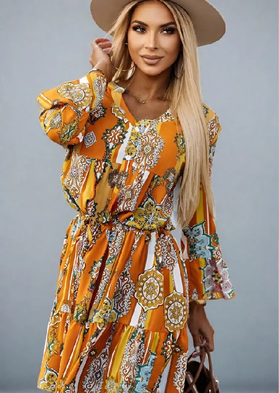 Printed Notched Neck Flounce Sleeve Dress