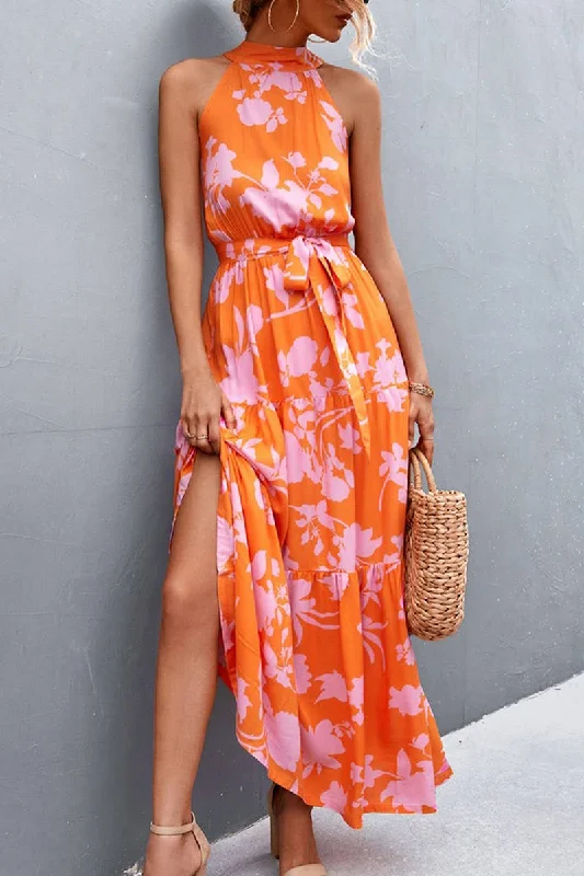 Orange & Pink Flower Maxi Halter Dress