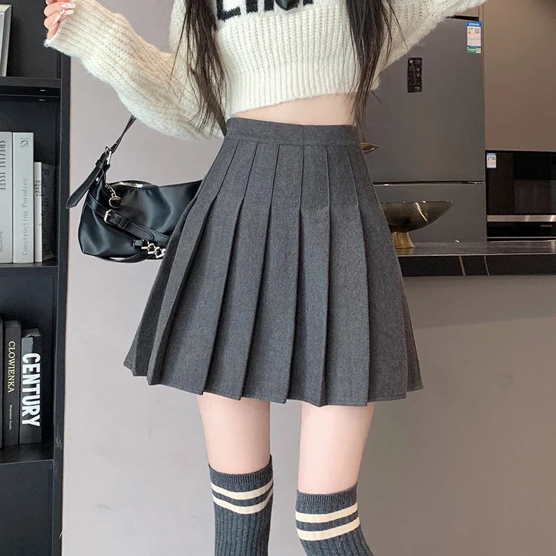 FashionSierra - New Korean Preppy Style Mini Pleated Women 2024 New High Waist Woolen Autumn Winter Casual Wool Skirt