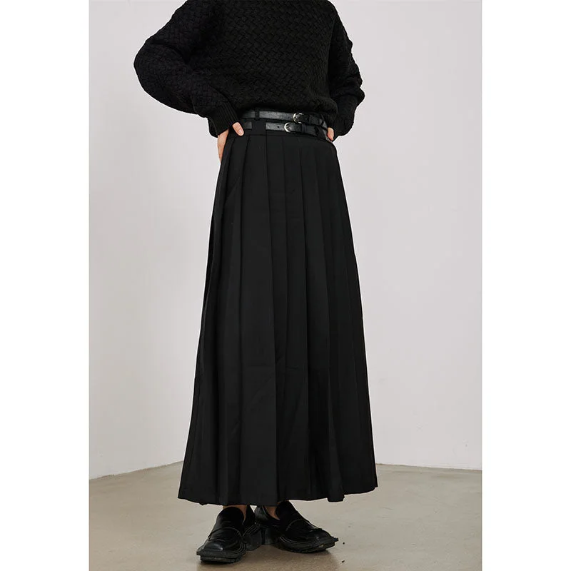 Double Belt Pleated A-line Skirt