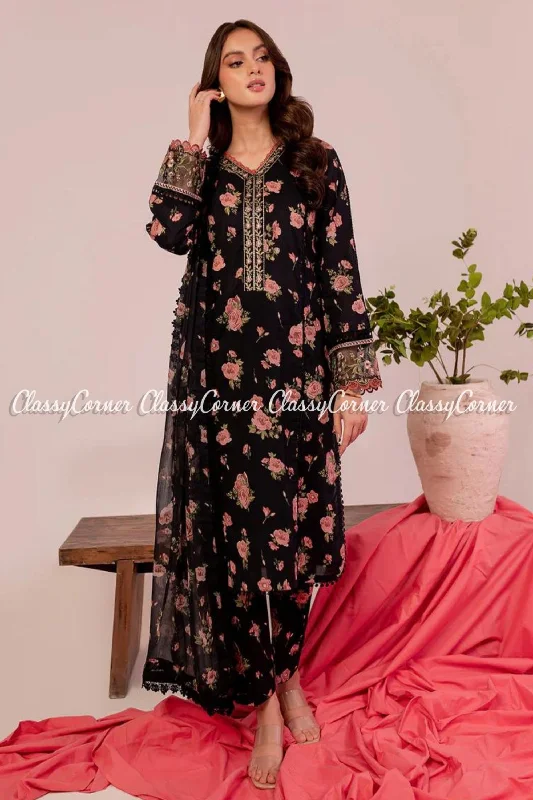 Black Pink Printed Embroidered Lawn 3 Piece Outfit