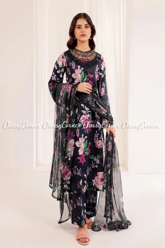 Black Purple Digital Printed Lawn Embroidered Salwar Kameez