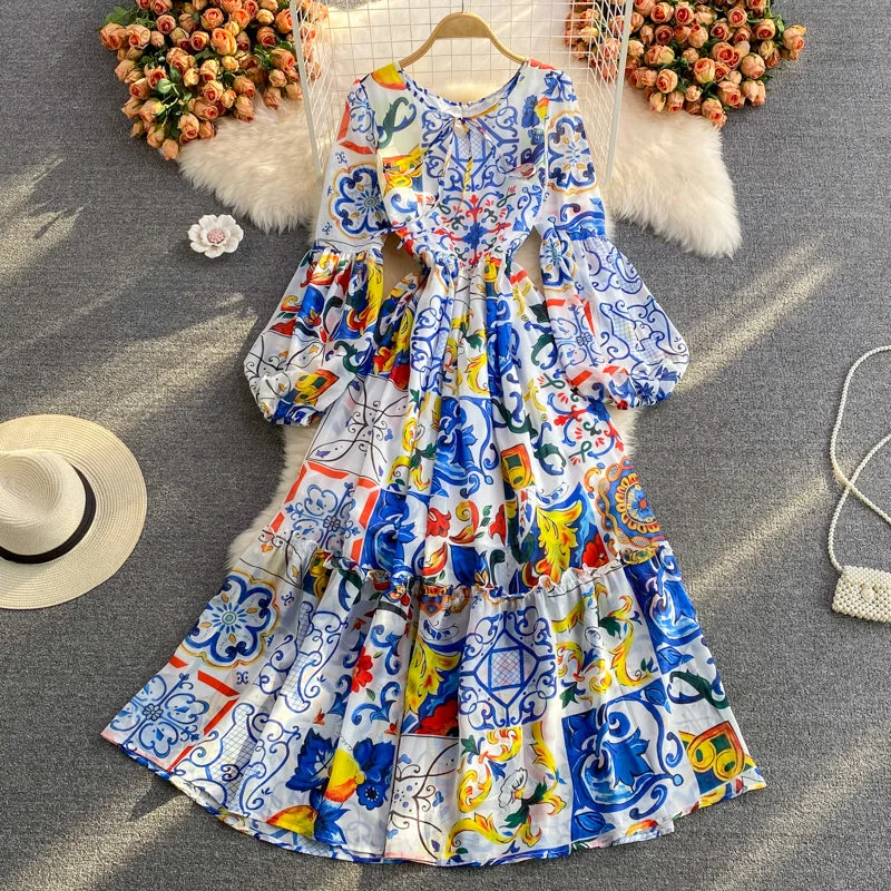 Blue and white porcelain printing gentle dress  3251