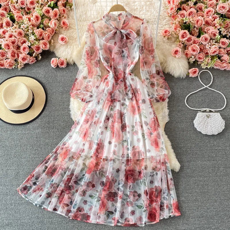 Gentle wind bow tie tie thin high waist Floral Chiffon Dress  3221