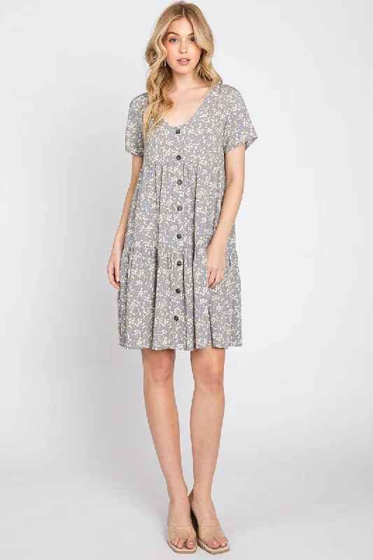 Grey Floral Tiered Button Accent Dress