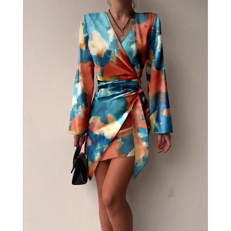 Long Sleeve Printed Dress V-neck Irregular