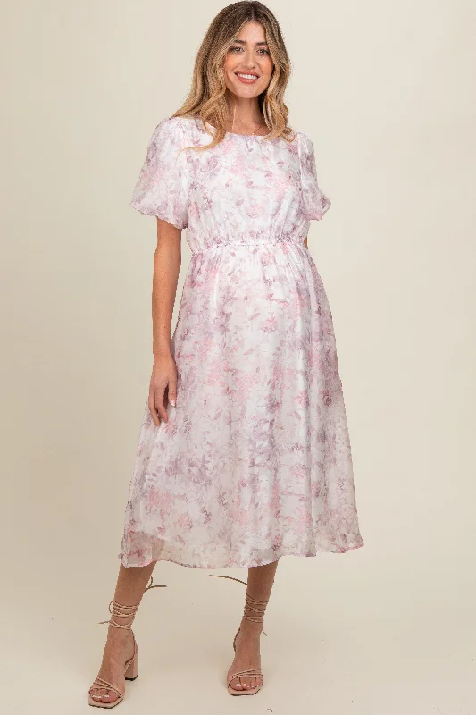 Pink Lavender Floral Puff Sleeve Maternity Dress