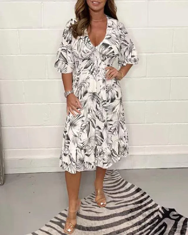 Printed Casual V-neck Long-sleeve Dress Women