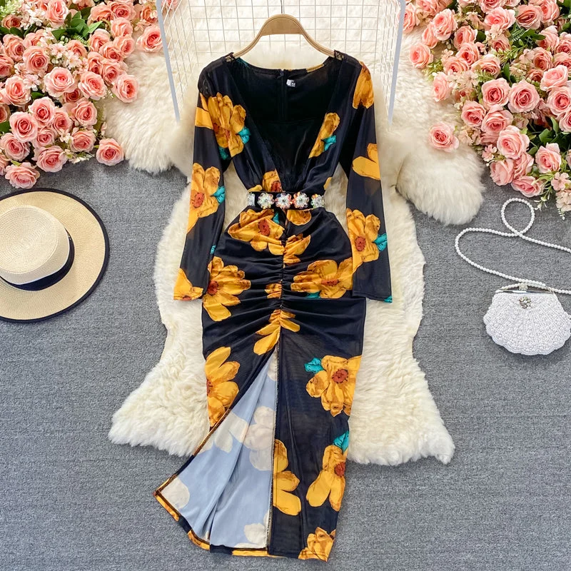 Sexy V-neck printed elastic slim wrap hip dress  3248