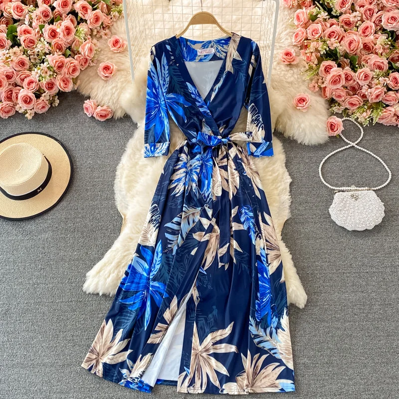 Split one piece wrap dress V-neck print dress  3227