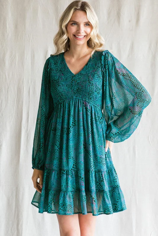 Teal Printed Smocked Long Sleeve Dress