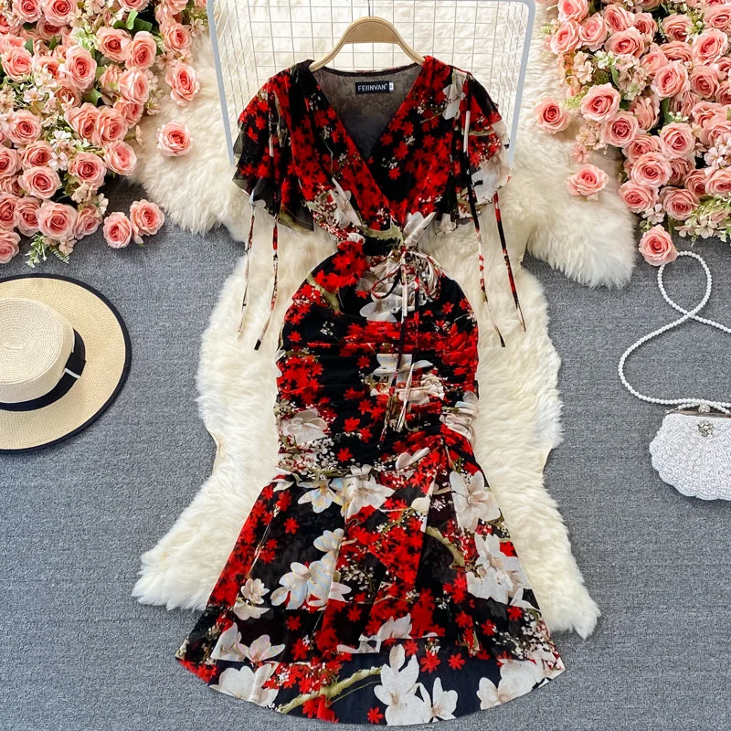 V-neck Floral Chiffon Dress split slim wrap hip fishtail dress  3214