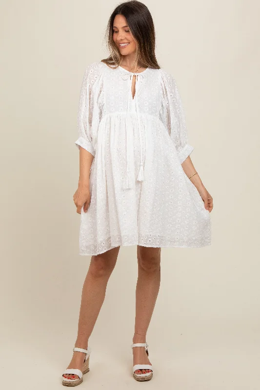 White Floral Eyelet Puff Sleeve Maternity Dress